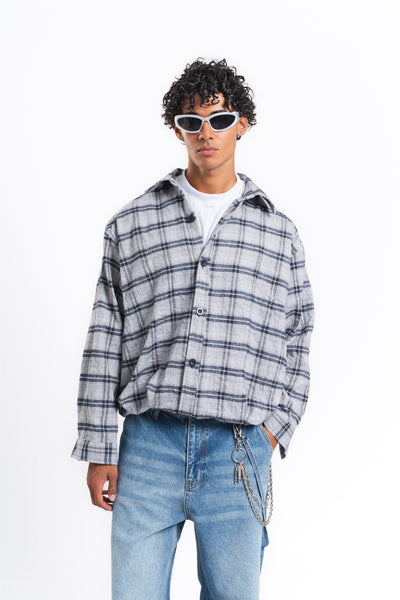 Grid Kareli Oversize Gömlek Ceket Gri