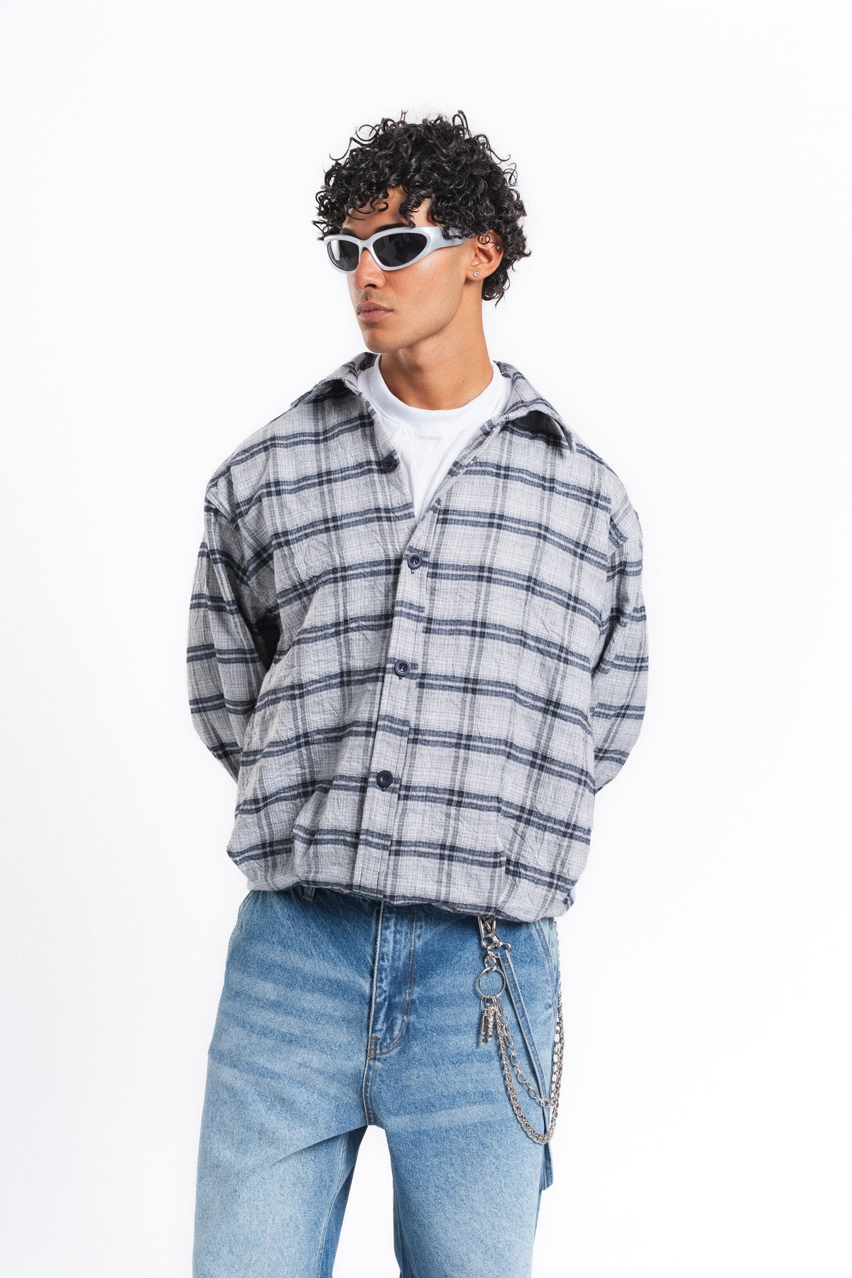 Grid Kareli Oversize Gömlek Ceket Gri