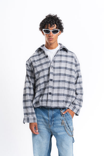 Grid Kareli Oversize Gömlek Ceket Gri