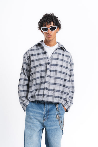 Grid Kareli Oversize Gömlek Ceket Gri