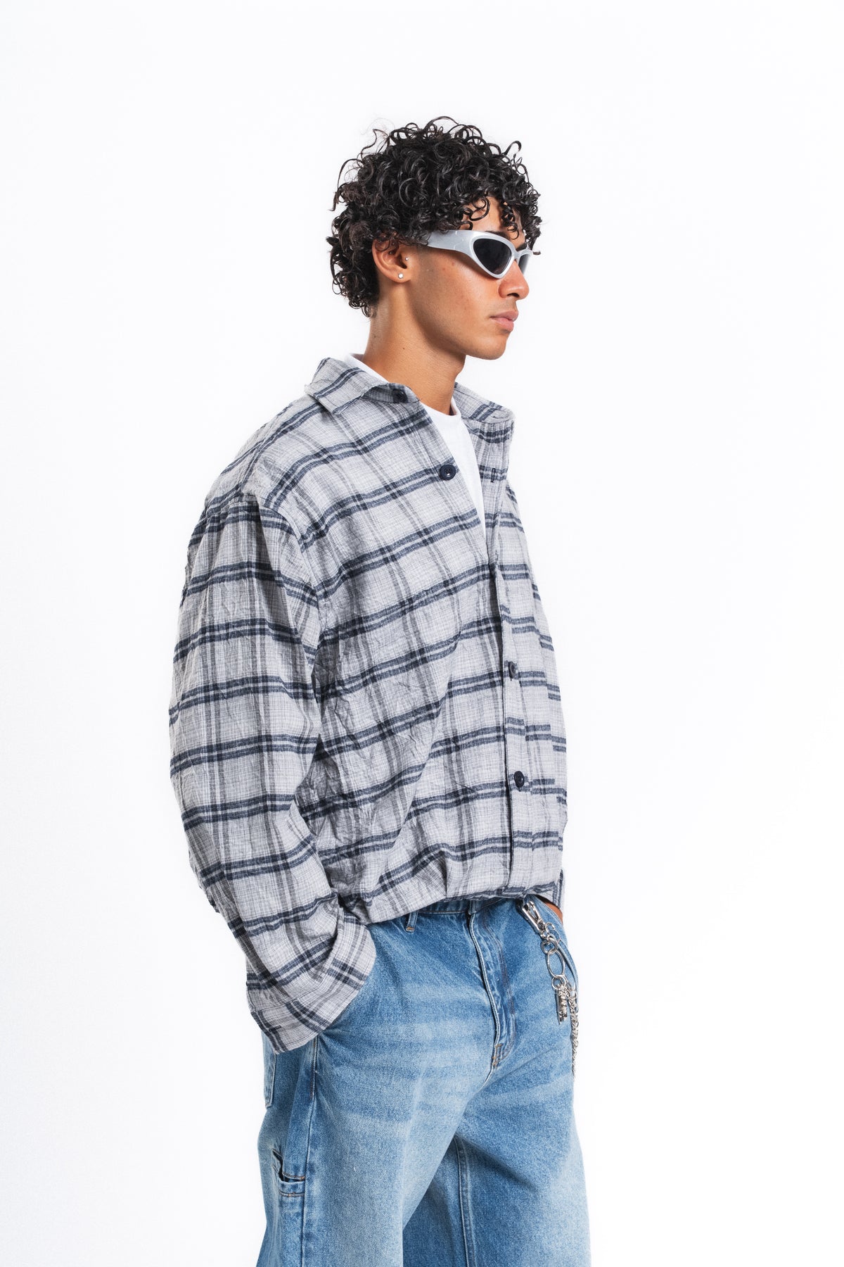 Grid Kareli Oversize Gömlek Ceket Gri