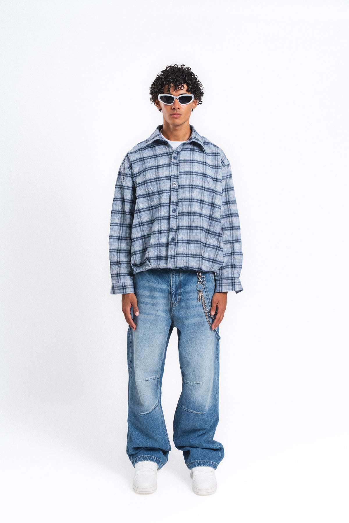 Grid Kareli Oversize Gömlek Ceket Mavi