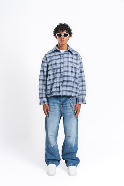 Grid Kareli Oversize Gömlek Ceket Mavi