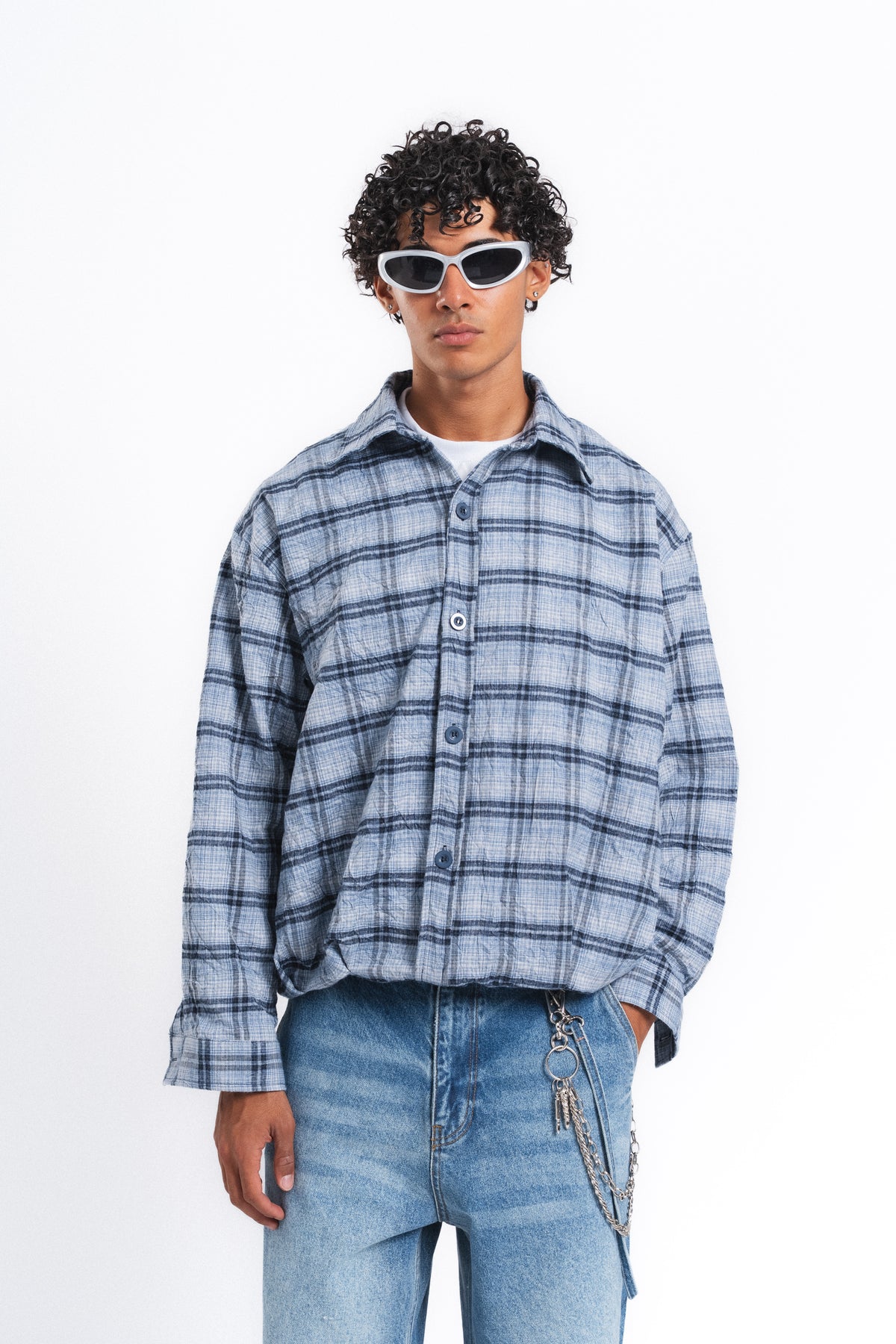 Grid Kareli Oversize Gömlek Ceket Mavi