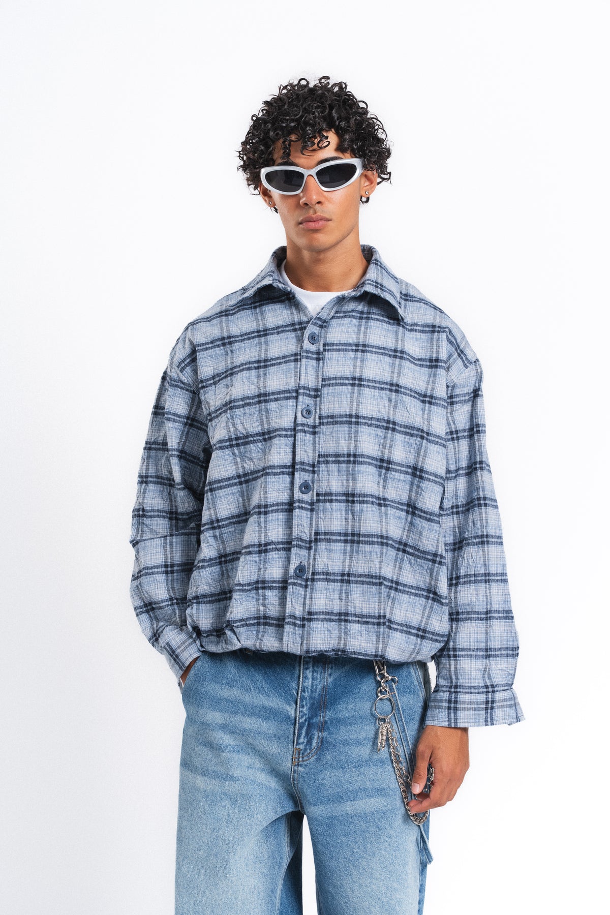 Grid Kareli Oversize Gömlek Ceket Mavi
