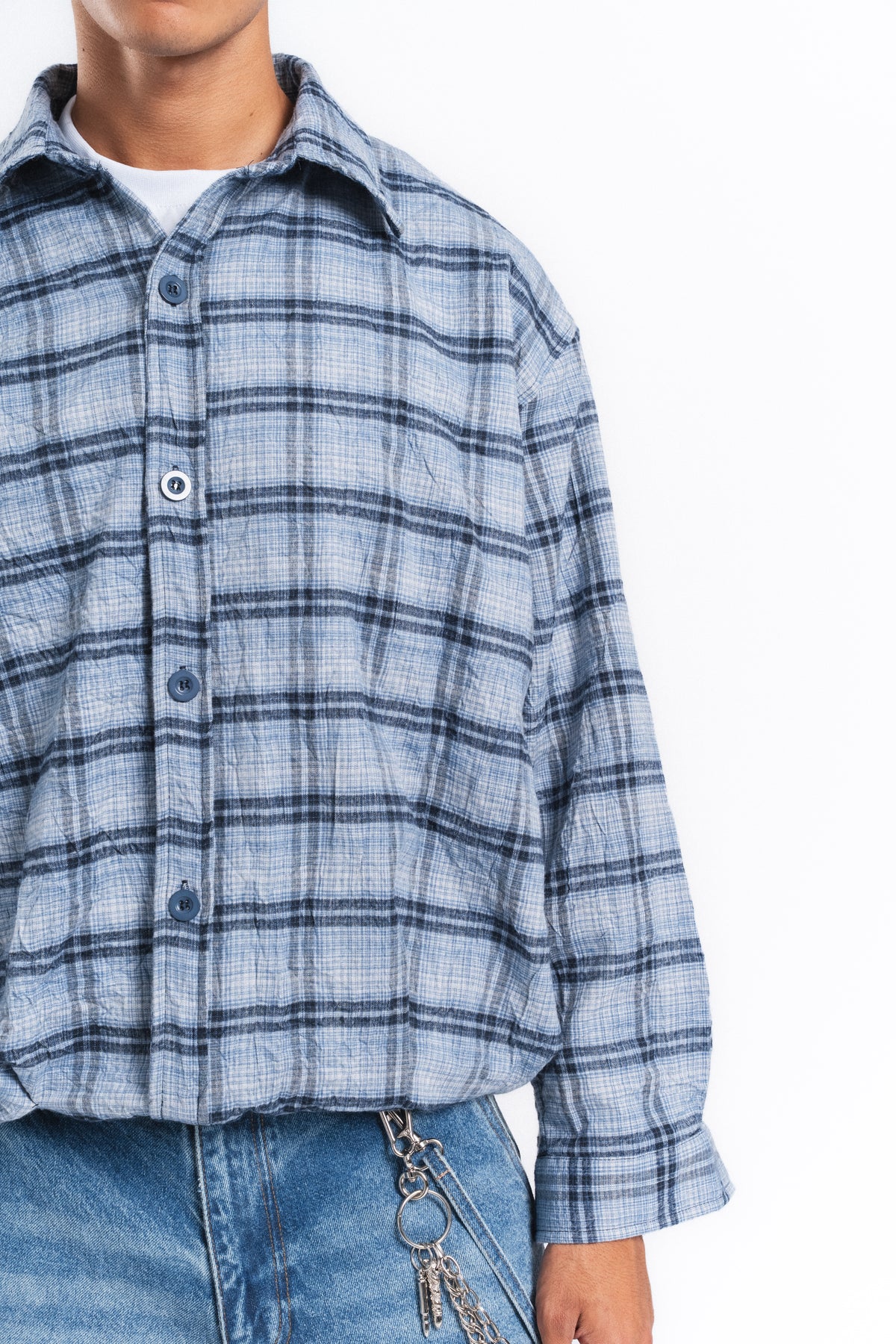 Grid Kareli Oversize Gömlek Ceket Mavi
