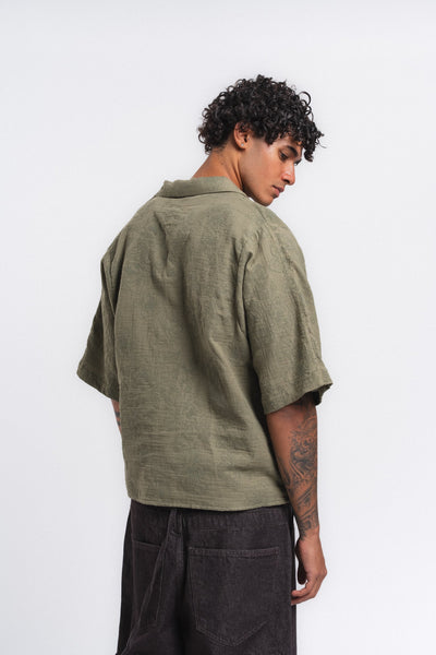 Flora Desenli Kısa Kollu Gömlek Haki ürün görseli 5